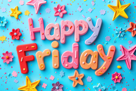 Happy friday words spelled out in colorful letters and surrounded by candy flowers and stars on a bright blue backgroundの素材