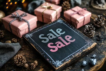 Christmas sale sign displayed on a rustic wooden table surrounded by gifts and decorationsの素材