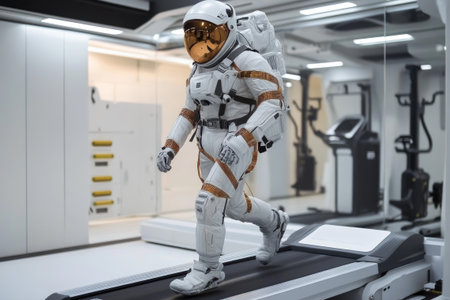 Astronaut is running on a treadmill in a spaceship gym wearing a space suitの素材