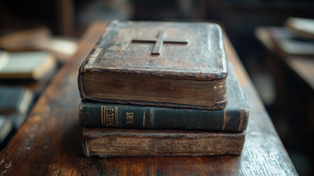 Old, worn out hymnals with a cross on top sitting on a wooden surfaceの素材