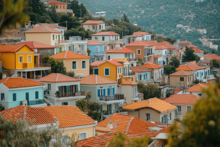 This charming village is showcasing its vibrant houses with their red tile roofsの素材