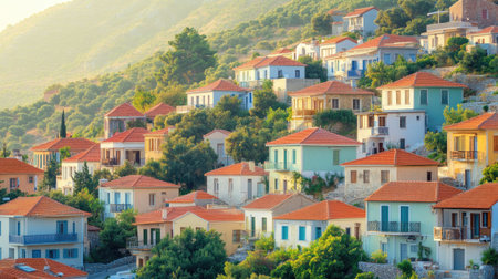 Traditional Greek houses with terracotta roofs are bathed in warm morning sunlight on a hillside in this idyllic villageの素材