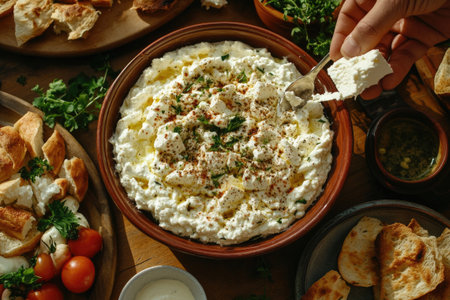 Hand uses a spoon to add a piece of feta to a bowl of creamy whipped feta dip, surrounded by fresh ingredients and appetizersの素材