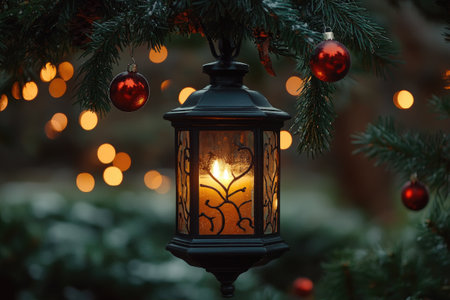 Christmas lantern with burning candle inside hanging on a Christmas tree decorated with red balls on blurred backgroundの素材