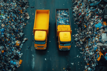 Two yellow garbage trucks are driving on a road, transporting waste in a landfillの素材