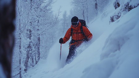 Backcountry skier enjoying fresh powder snow in the forestの素材