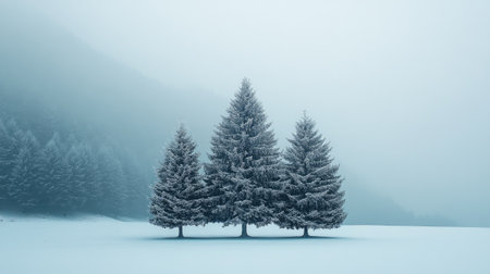 Three pine trees are standing on a snow-covered field with a foggy forest and hills in the background during winterの素材