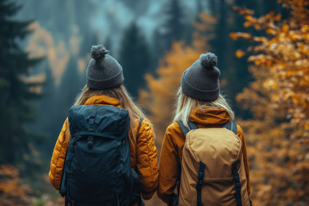 Two women are enjoying the beautiful colors of the forest during a hike in autumnの素材
