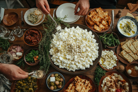 People are using serving utensils to serve themselves from a variety of Mediterranean style food dishesの素材