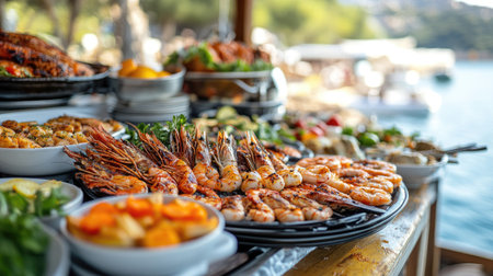 Grilled tiger prawns are served on a plate with lemon and greens, showcasing a delicious and healthy seafood dishの素材