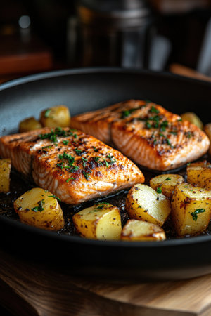 Two salmon fillets are cooking in a pan with seasoned potatoes and garnished with herbsの素材