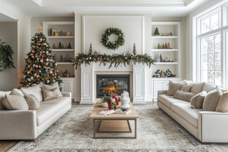 Modern living room with a fireplace, Christmas tree, and snowy backyard viewの素材