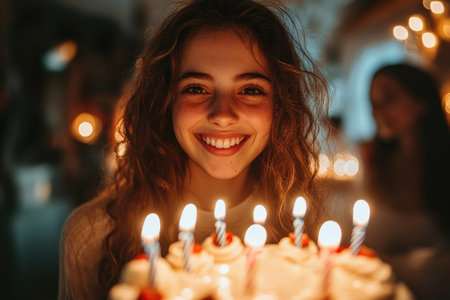 Young woman is smiling and holding a birthday cake with lit candles surrounded by friends at nightの素材