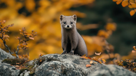 American pine marten is perched on a rock in an autumn forestの素材