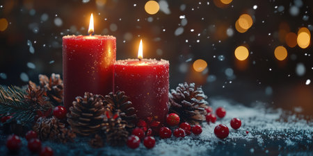 Two red Christmas candles burning brightly with pine cones, red berries, fir branches, and falling snowの素材