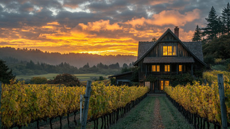 Charming wooden house is glowing in the warm light of the setting sun, surrounded by its vineyardの素材