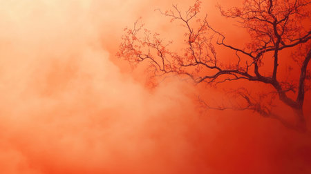 Leafless tree branches are spreading in an orange foggy skyの素材