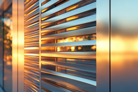 Metal slats are attached to a modern building exterior, reflecting the warm light of the setting sunの素材