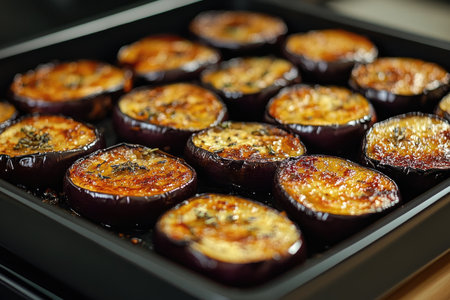 Slices of eggplant seasoned with herbs roasting in a pan, displaying appetizing grill marksの素材