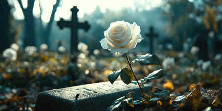 White rose is blooming in a cemetery, providing a symbol of hope and remembrance amid the solemn settingの素材