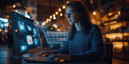 Young woman is shopping online using her computer with a digital shopping cart hologramの素材