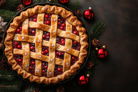 Freshly baked berry pie decorated with sugar snowflakes surrounded by Christmas ornaments and fir branchesの素材