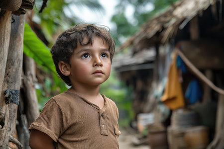 Young boy is looking up with hope, in a poverty-stricken villageの素材