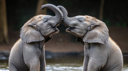 Two baby elephants are touching trunks by the water and look very happyの素材