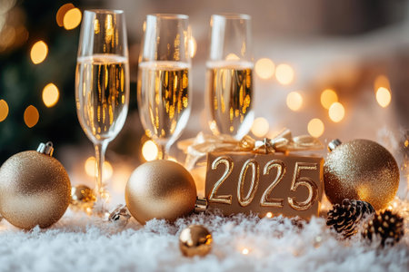 Three champagne flutes are sparkling on a festive table with golden Christmas decorations and the numbers 2025の素材