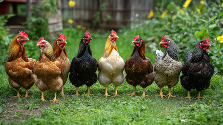 Nine chickens are standing in a row on green grass in a gardenの素材
