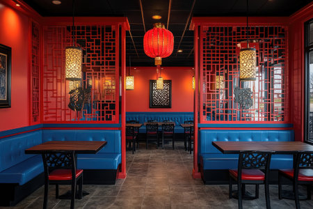 Modern asian restaurant decorated in red and blue showing dining room with empty tablesの素材