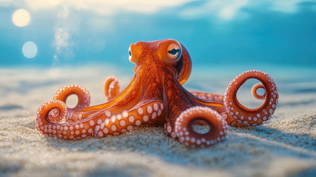 Curious octopus is exploring the ocean floor, its tentacles outstretched as it navigates its surroundingsの素材