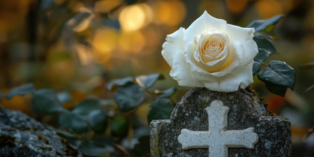 A single white rose lies on a weathered stone cross in a cemetery, bathed in the warm glow of the setting sunの素材