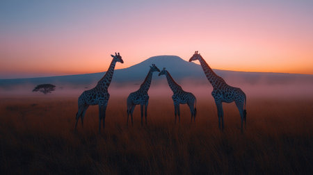 Four giraffes standing in the savanna with a mountain in the background during a beautiful sunsetの素材