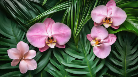 Beautiful pink orchid and frangipani flowers are lying on lush green tropical leavesの素材