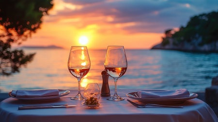 Two glasses of white wine are standing on a laid table at sunset on the beachの素材