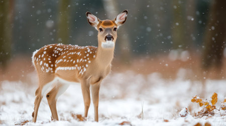 Young fawn with white spots is standing in a snowy forest during winterの素材