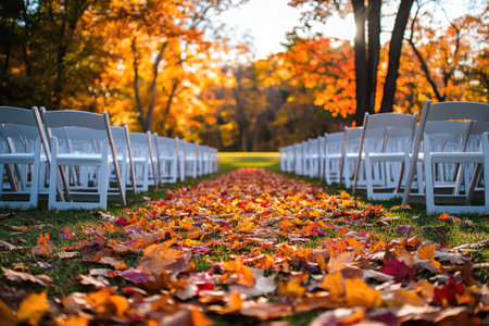 Rows of white chairs are set up for an outdoor wedding ceremony, with a path covered in colorful fallen autumn leavesの素材