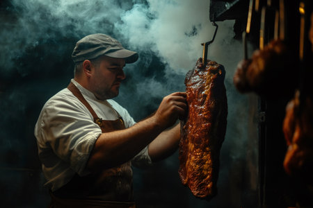 Chef checking a smoked brisket in a smokehouse, ensuring quality and flavorの素材
