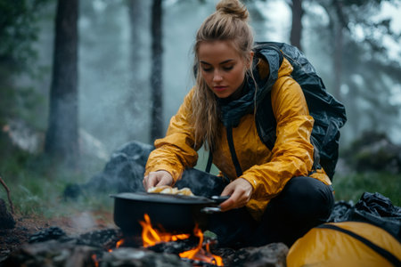 Hiker cooking on campfire in the rain while camping in the forestの素材