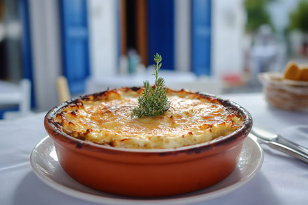 Serving of a delicious Greek moussaka, garnished with fresh thyme, presented in a traditional terracotta dishの素材