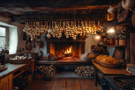 Warm fire burning in a cozy rustic kitchen with hanging onions, creating a nostalgic and inviting atmosphereの素材