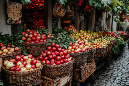Wicker baskets brimming with colorful apples and lush green leaves create a vibrant display at a traditional outdoor marketの素材