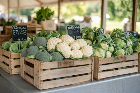 Wooden crates filled with fresh broccoli and cauliflower at a local marketの素材