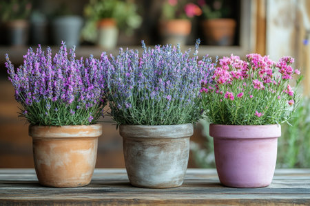 Beautiful lavender and pink flowers thriving in terracotta pots, adding a touch of color and fragrance to a rustic wooden table settingの素材