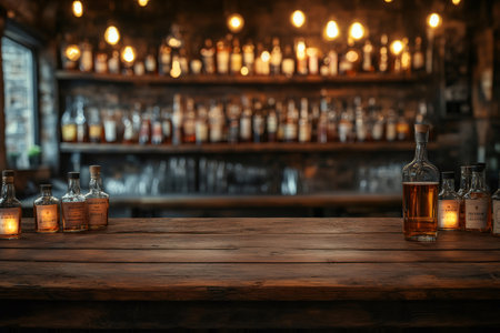 Variety of whiskey bottles displayed on wooden bar counter with blurred bar shelves in background, creating warm, inviting atmosphereの素材