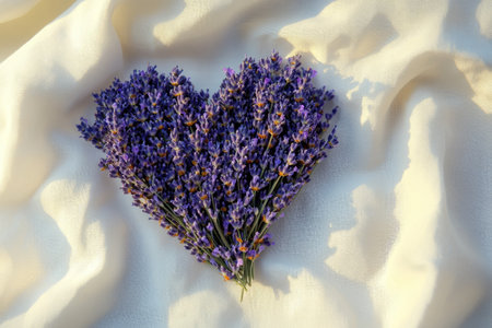 Lavender heart resting on elegant, flowing fabricの素材