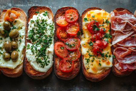 Delicious italian bruschetta with tomatoes, cheese, olives, herbs and cured ham lying on a dark backgroundの素材