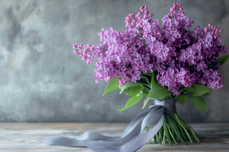 Vibrant purple lilacs tied with a gray ribbon against a textured backgroundの素材