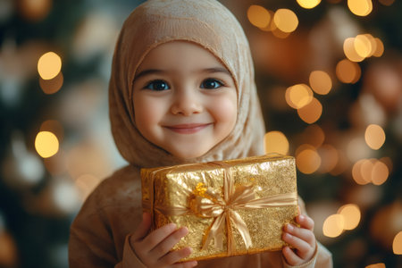 Smiling muslim girl holding golden gift box by illuminated christmas treeの素材